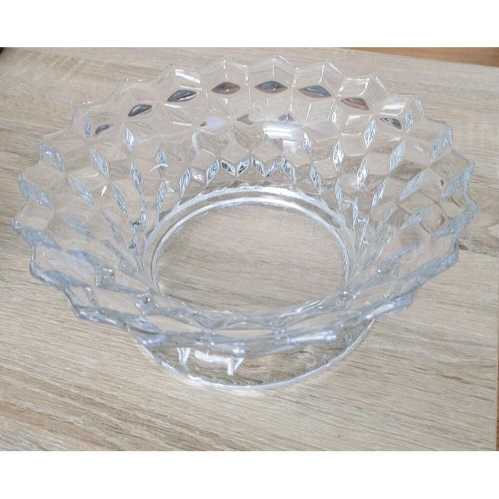 Fostoria Clear Fruit Glass Bowl 9.5” Round Cubist American Centerpiece 1950s